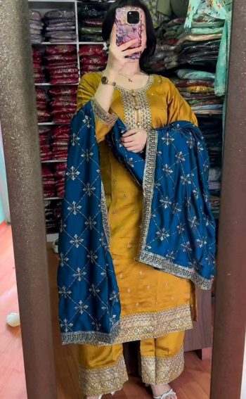 DESIGNER CHINON SILK EMBROIDERY SEQUENCE WORK  TOP PALAZZO WITH DUPATTA YELLOW