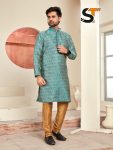 2DESIGNER JACQUARD PRINTED AND LACE WORK MEN’S KURTA PAYJAMA FESTIVE WEAR WHOLESALE PRICE ETHNIC GARMENT (1)
