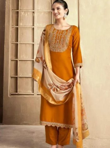 DESIGNER RAYON SLUB EMBROIDERY WORK TOP BOTTOM WITH DUPATTA  YELLOW