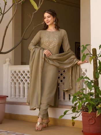 DESIGNER RAYON SLUB SEQUENCE CODING EMBROIDERY WORK TOP BOTTOM WITH DUPATTA GREY