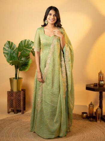 FANCY CHINON SILK EMBROIDERY SEQUENCE WORK GOWN BOTTOM WITH DUPATTA MINT