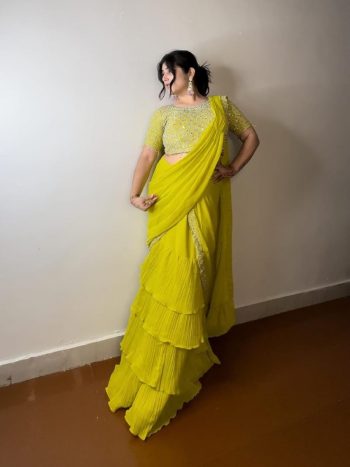 FANCY MONO BANGLORI SILK MULTI THREAD EMBROIDERY WITH SEQUENCE WORK LEHENGA SAREE WITH STITCHED BLOUSE  YELLOW