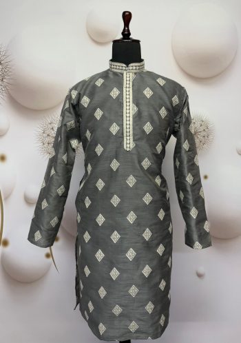 FANCY MONO SILK EMBROIDERY SEQUENCE WORK MEN'S KURTA PAYJAMA GREY