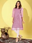 FANCY NET SEQUENCE WITH EMBROIDERY WORK KURTI  PEACH