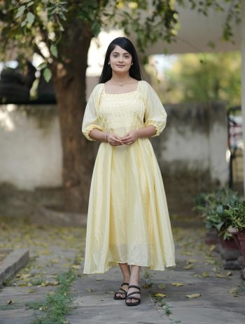 LATEST CHINON HANDWORK THREAD PLEATING ON FRONT AND PLAIN ALL OVER ONE PIECE  YELLOW