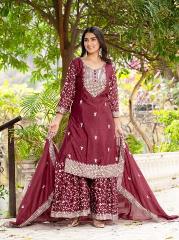 LATEST CHINON SILK EMBROIDERY SEQUENCE WORK TOP SHARARA WITH DUPATTA MAROON
