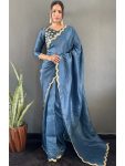MOST PICKED GOLD CRUSH SILK SEQUENCE ARC BORDER WORK READY TO WEAR SAREE WITH STITCHED BLOUSE SEA BLUE