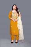 NEW ARRIVAL CHANDERI COTTON EMBROIDERY WORK TOP BOTTOM WITH DUPATTA  YELLOW