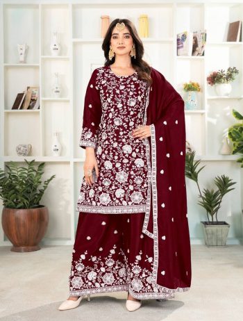 NEW ARRIVAL CHINON SILK EMBROIDERY SEQUENCE WORK TOP PALAZZO WITH DUPATTA MAROON