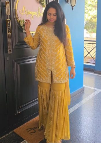 NEW ARRIVAL GEORGETTE EMBROIDERY SEQUENCE WORK TOP SHARARA WITH DUPATTA  YELLOW
