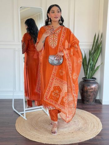 NEW ARRIVAL VISCOSE CHANDERI SEQUENCE EMBROIDERY WORK TOP BOTTOM WITH DUPATTA ORANGE