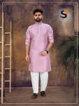 TRADITIONAL ART SILK SEQUENCE WORK COLLAR MEN'S KURTA PAYJAMA PINK
