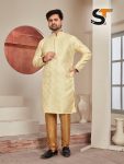 DESIGNER JACQUARD PRINTED AND LACE WORK MEN'S KURTA PAYJAMA CREAM