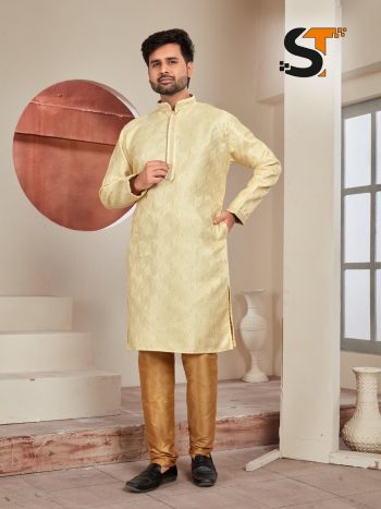 DESIGNER JACQUARD PRINTED AND LACE WORK MEN'S KURTA PAYJAMA CREAM