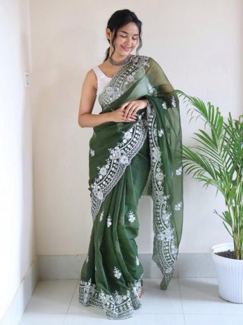 DESIGNER ORGANZA SILVER ZARI EMBROIDERY WORK WITH FULL BODY BUTTI AND HANDMADE SEQUENCE CUT DANA BORDER WORK SAREE WITH UNSTITCHED BLOUSE  MEHNDI