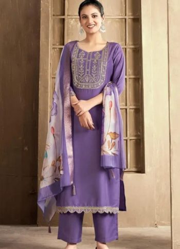 DESIGNER RAYON SLUB EMBROIDERY WORK TOP BOTTOM WITH DUPATTA  LAVENDER