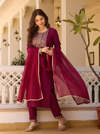 DESIGNER RAYON SLUB SEQUENCE CODING EMBROIDERY WORK TOP BOTTOM WITH DUPATTA WINE