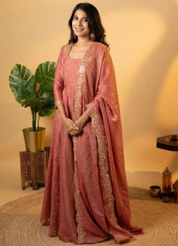 FANCY CHINON SILK EMBROIDERY SEQUENCE WORK GOWN BOTTOM WITH DUPATTA ORANGE