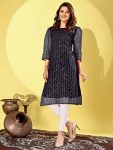 FANCY NET SEQUENCE WITH EMBROIDERY WORK KURTI  BLACK