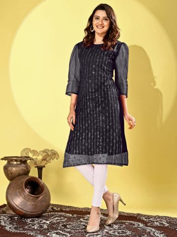 FANCY NET SEQUENCE WITH EMBROIDERY WORK KURTI  BLACK