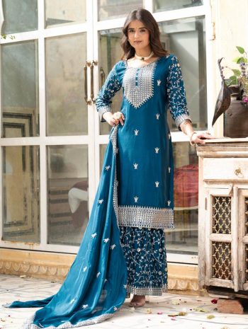 LATEST CHINON SILK EMBROIDERY SEQUENCE WORK TOP SHARARA WITH DUPATTA SKY