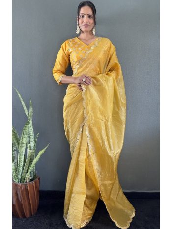 MOST PICKED GOLD CRUSH SILK SEQUENCE ARC BORDER WORK READY TO WEAR SAREE WITH STITCHED BLOUSE YELLOW