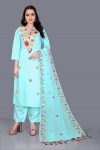 NEW ARRIVAL CHANDERI COTTON EMBROIDERY WORK TOP BOTTOM WITH DUPATTA  SKY