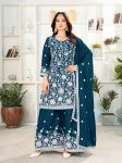 NEW ARRIVAL CHINON SILK EMBROIDERY SEQUENCE WORK TOP PALAZZO WITH DUPATTA TEAL