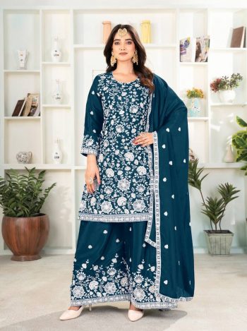 NEW ARRIVAL CHINON SILK EMBROIDERY SEQUENCE WORK TOP PALAZZO WITH DUPATTA TEAL