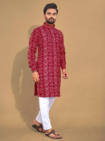 NEW ARRIVAL SOFT COTTON MULTICOLOR FOIL PRINT MEN'S KURTA PAYJAMA RED