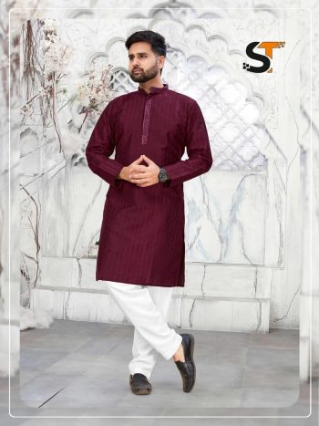 TRADITIONAL ART SILK SEQUENCE WORK COLLAR MEN'S KURTA PAYJAMA MAROON