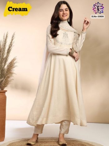 TRENDING SILK ZARI EMBROIDERY SEQUENCE WORK TOP BOTTOM WITH DUPATTA CREAM