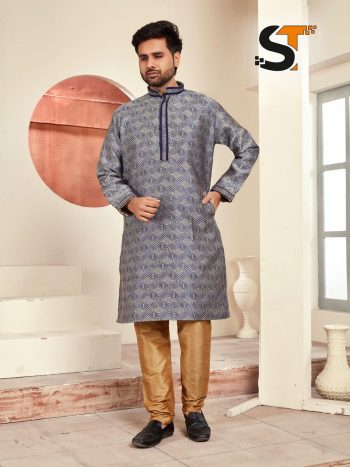 DESIGNER JACQUARD PRINTED AND LACE WORK MEN'S KURTA PAYJAMA NAVY BLUE