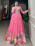 FANCY TUSSAR SILK FLORAL PRINTED ONLY GOWN PINK