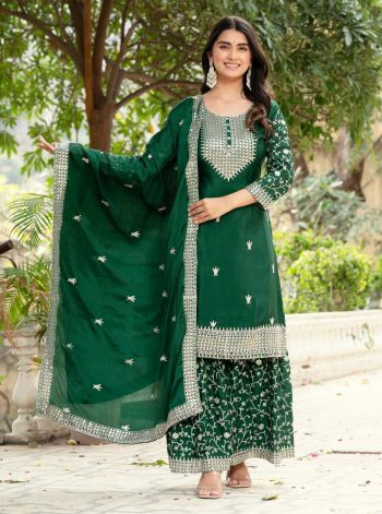 LATEST CHINON SILK EMBROIDERY SEQUENCE WORK TOP SHARARA WITH DUPATTA GREEN