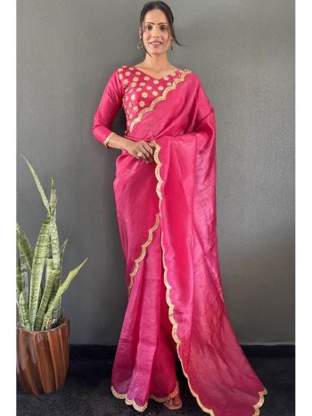 MOST PICKED GOLD CRUSH SILK SEQUENCE ARC BORDER WORK READY TO WEAR SAREE WITH STITCHED BLOUSE RANI