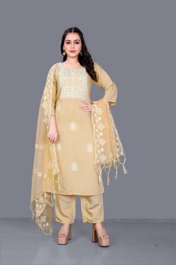 NEW ARRIVAL CHANDERI COTTON EMBROIDERY WORK TOP BOTTOM WITH DUPATTA  CREAM