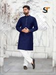 TRADITIONAL ART SILK SEQUENCE WORK COLLAR MEN'S KURTA PAYJAMA BLUE