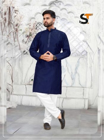 TRADITIONAL ART SILK SEQUENCE WORK COLLAR MEN'S KURTA PAYJAMA BLUE