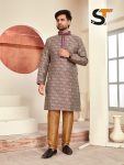 6DESIGNER JACQUARD PRINTED AND LACE WORK MEN’S KURTA PAYJAMA FESTIVE WEAR WHOLESALE PRICE ETHNIC GARMENT (7)