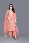 NEW ARRIVAL CHANDERI COTTON EMBROIDERY WORK TOP BOTTOM WITH DUPATTA  PEACH
