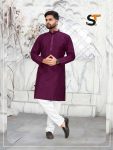TRADITIONAL ART SILK SEQUENCE WORK COLLAR MEN'S KURTA PAYJAMA PURPLE