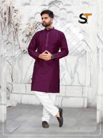 TRADITIONAL ART SILK SEQUENCE WORK COLLAR MEN'S KURTA PAYJAMA PURPLE
