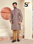 DESIGNER JACQUARD PRINTED AND LACE WORK MEN'S KURTA PAYJAMA PURPLE