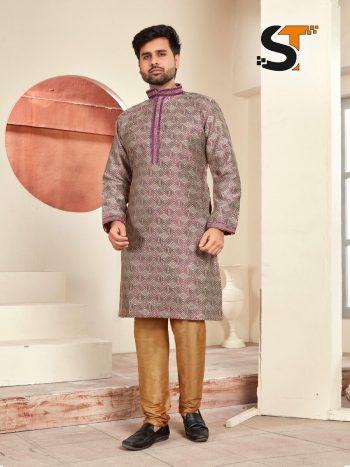 DESIGNER JACQUARD PRINTED AND LACE WORK MEN'S KURTA PAYJAMA PURPLE