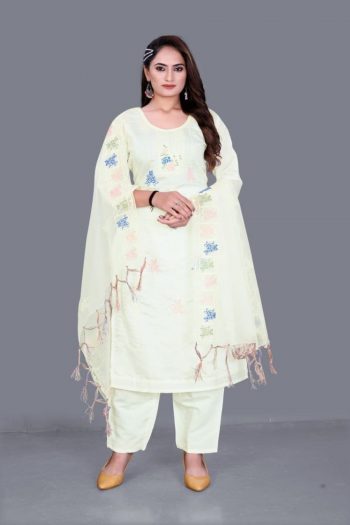 NEW ARRIVAL CHANDERI COTTON EMBROIDERY WORK TOP BOTTOM WITH DUPATTA  WHITE