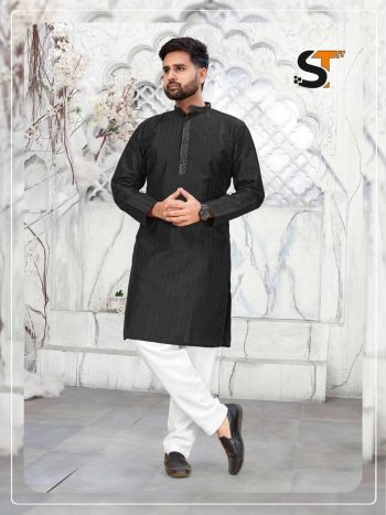 TRADITIONAL ART SILK SEQUENCE WORK COLLAR MEN'S KURTA PAYJAMA BLACK