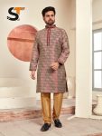 DESIGNER JACQUARD PRINTED AND LACE WORK MEN'S KURTA PAYJAMA BROWN