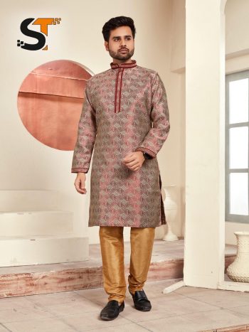 DESIGNER JACQUARD PRINTED AND LACE WORK MEN'S KURTA PAYJAMA BROWN