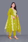 NEW ARRIVAL CHANDERI COTTON EMBROIDERY WORK TOP BOTTOM WITH DUPATTA  PARROT GREEN